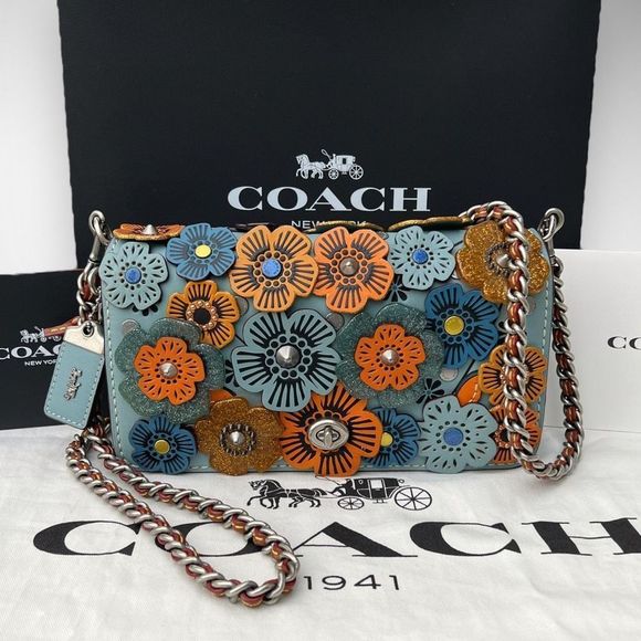 AUTH Coach 1941 Dinky with Glitter Tea Rose Bag, Dust Bag, Gift Box Steel Blue - Picture 16 of 16